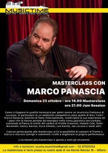 Locandina della masterclass di basso tenuta dal contrabbasista italoamericano Marco Panascia presso la scuola musictime di Milano