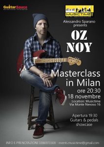 Locandina della masterclass di chitarra elettrica tenuta dal chitarrista fusion Oz Noy presso la scuola Musictime a Milano